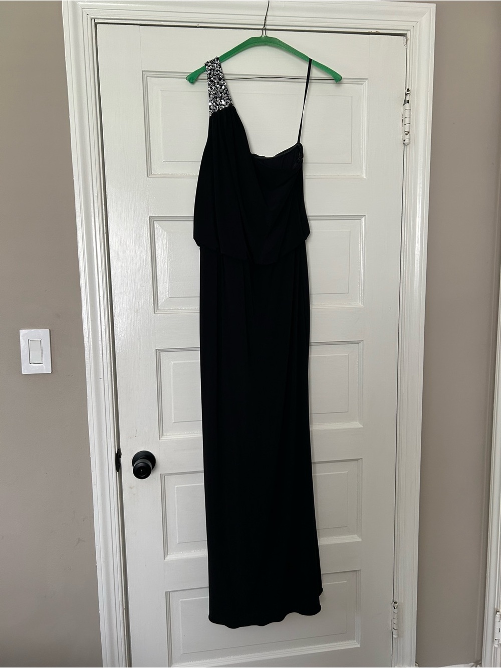 JS Boutique Black One-Shoulder Gown with Beaded Strap